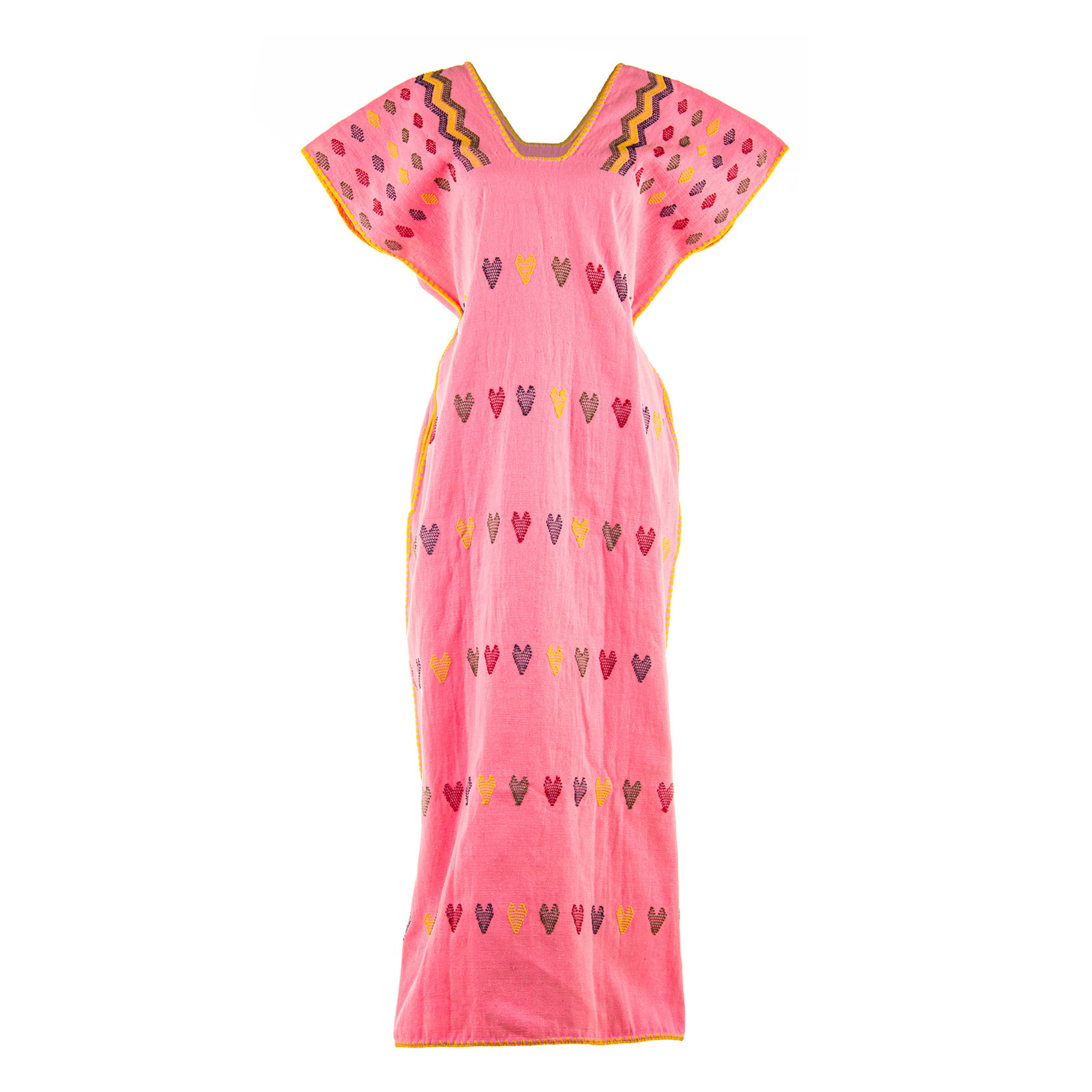 Huipil Rosa con motivos de corazones multicolores Corte Largo