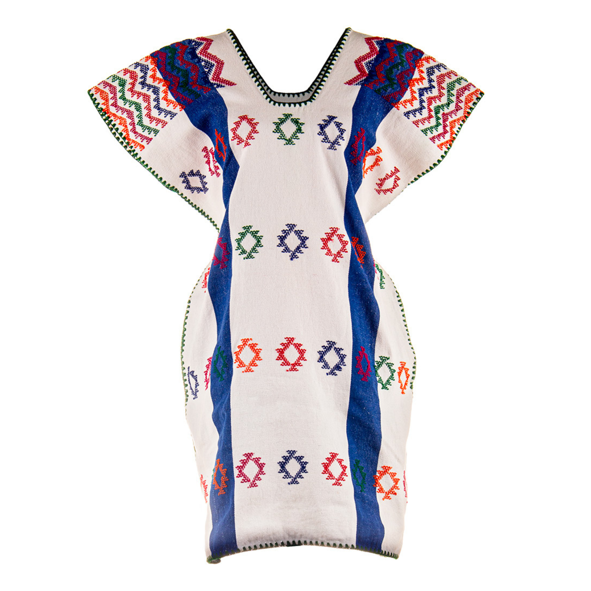 Huipil Blanco con paneles laterales azul cobalto y motivos multicolores. Corte Corto