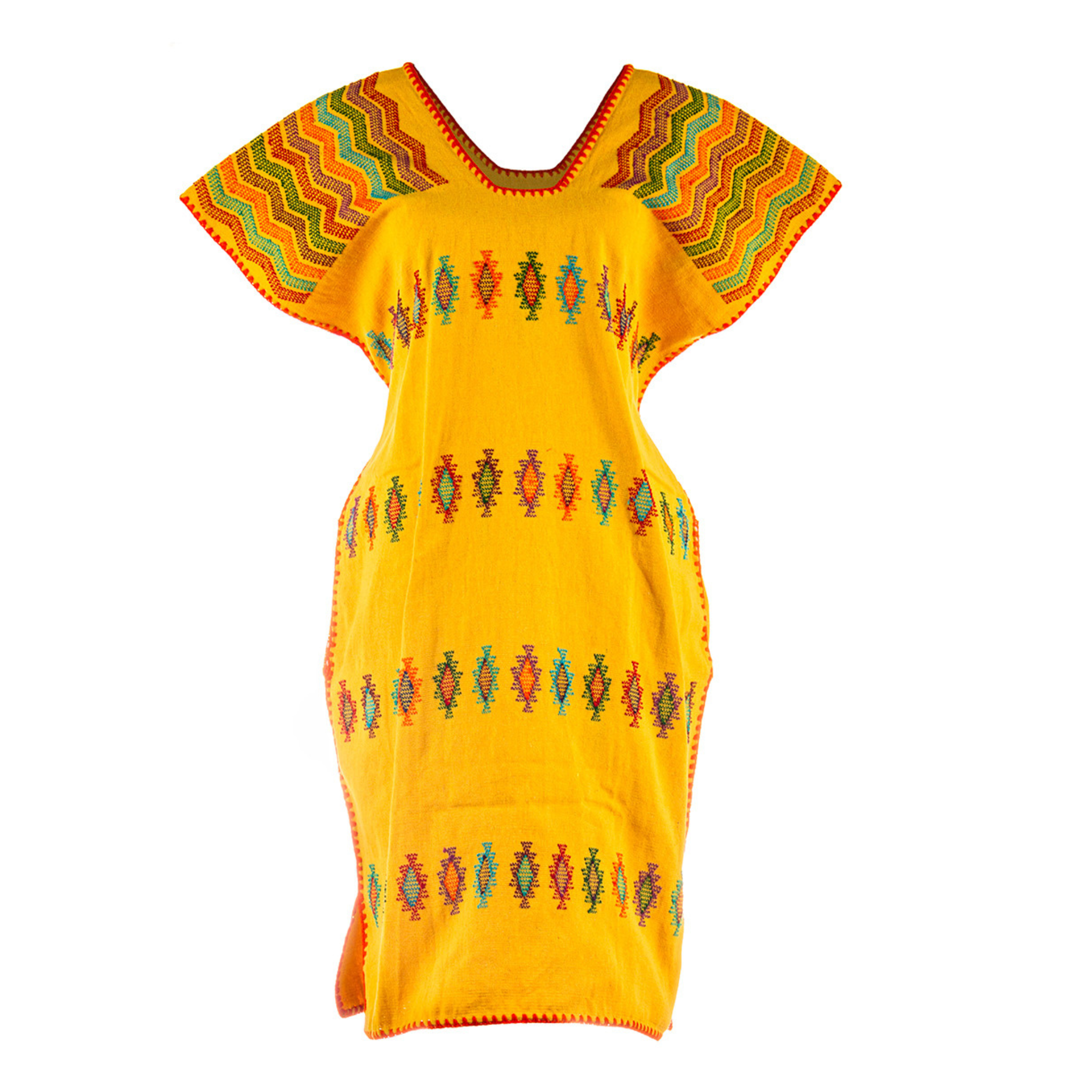 Huipil Amarillo brillante con motivos multicolores Corte Medio