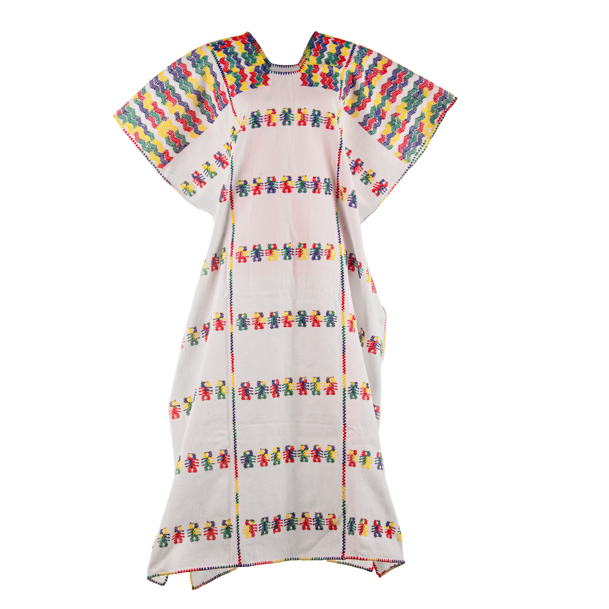 Huipil Marfil con zigzags multicolores en los hombros y bandas con motivos. Corte Largo