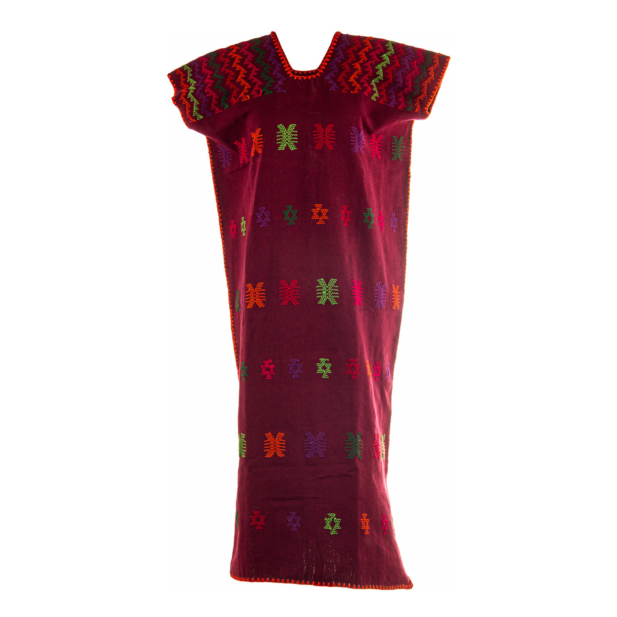 Huipil Borgoña / rojo oscuro con motivos multicolor neón Corte Largo