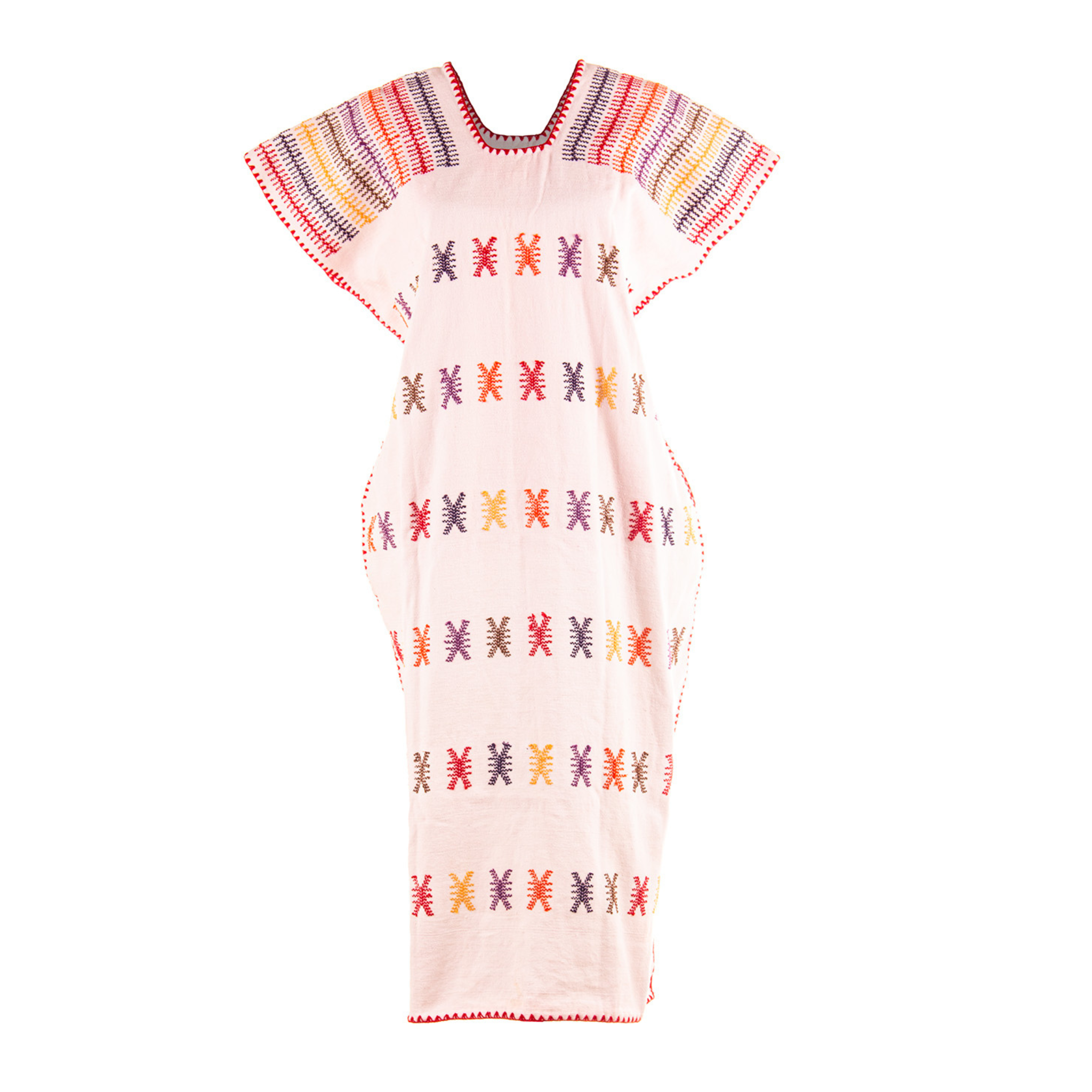 Huipil Blanco rosado con motivos en forma de X multicolor. Corte Largo