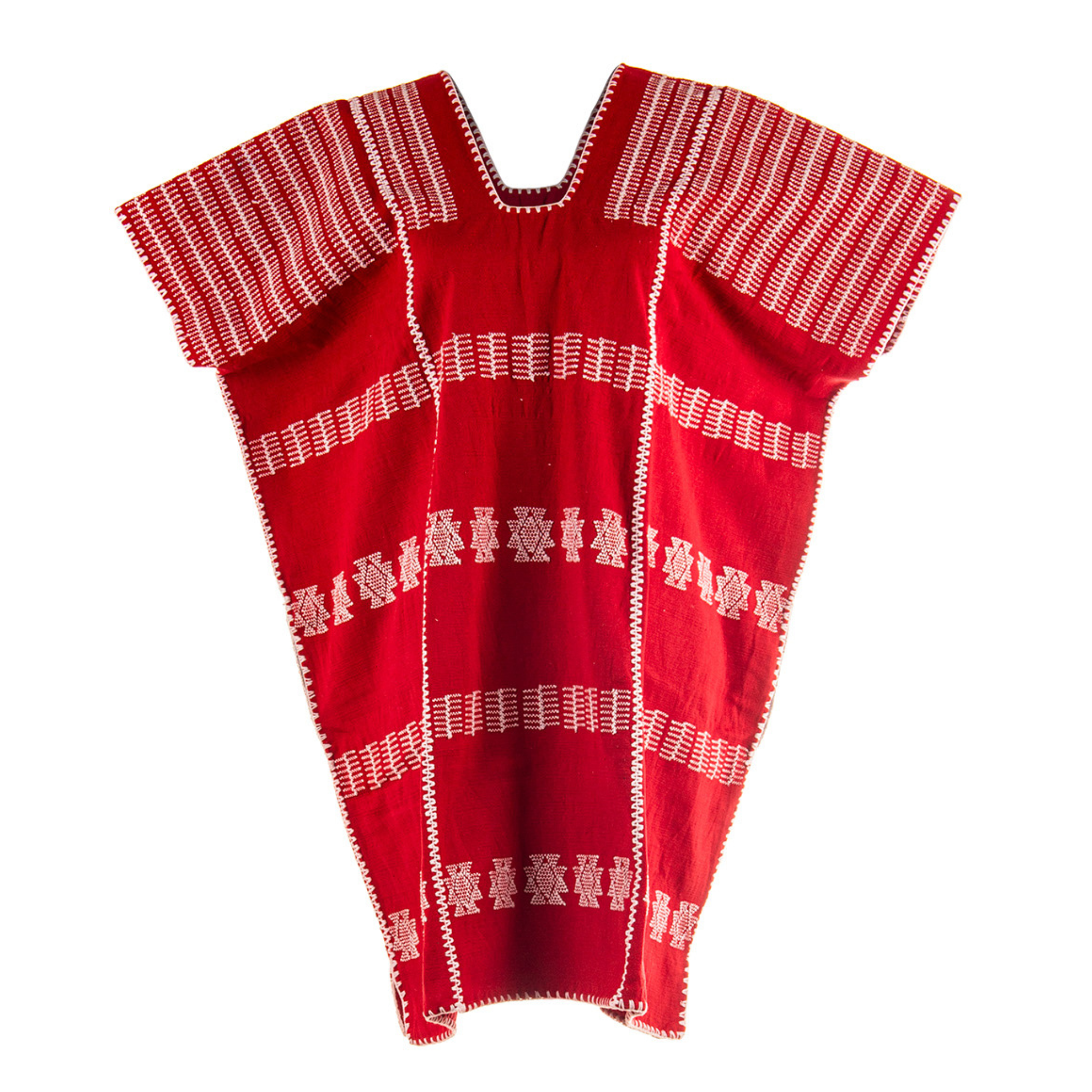 Huipil Rojo intenso con franjas de motivos blancos. Corte corto