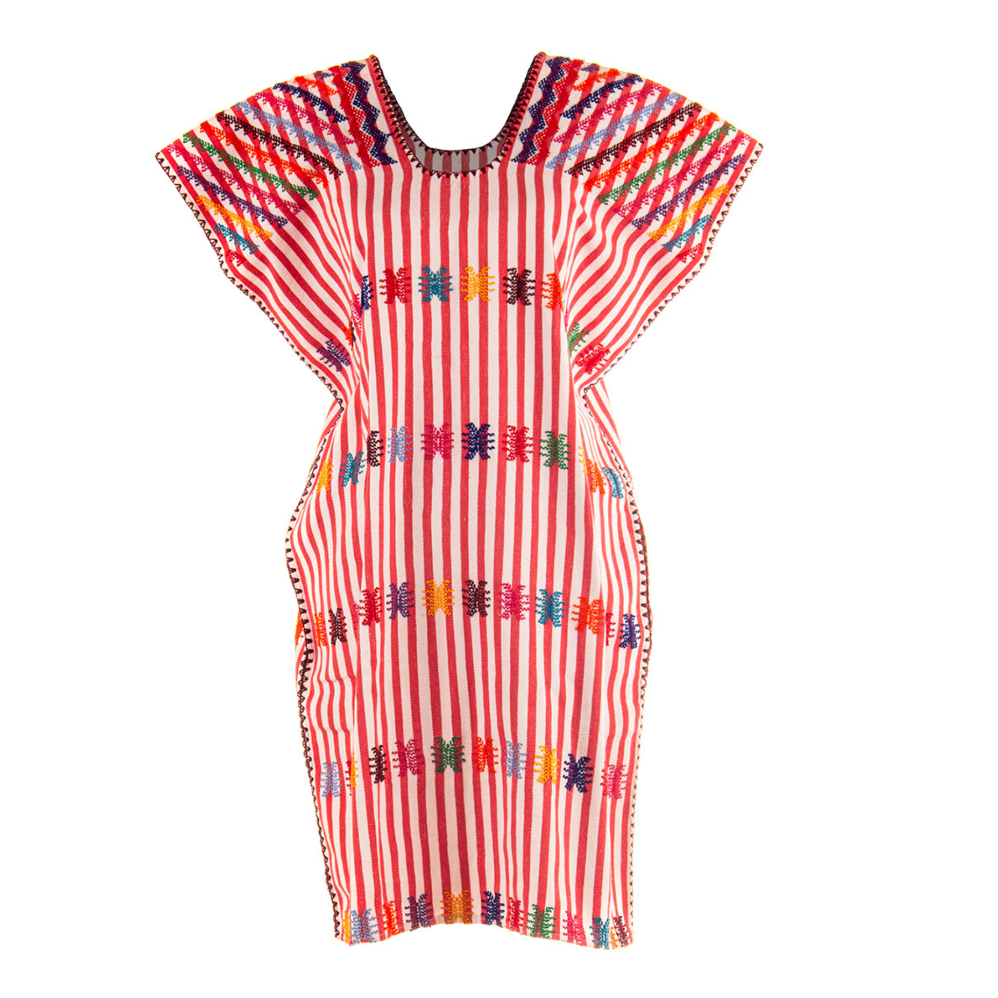 Huipil Raya blanca y roja con motivos de bloques multicolores Corte Medio