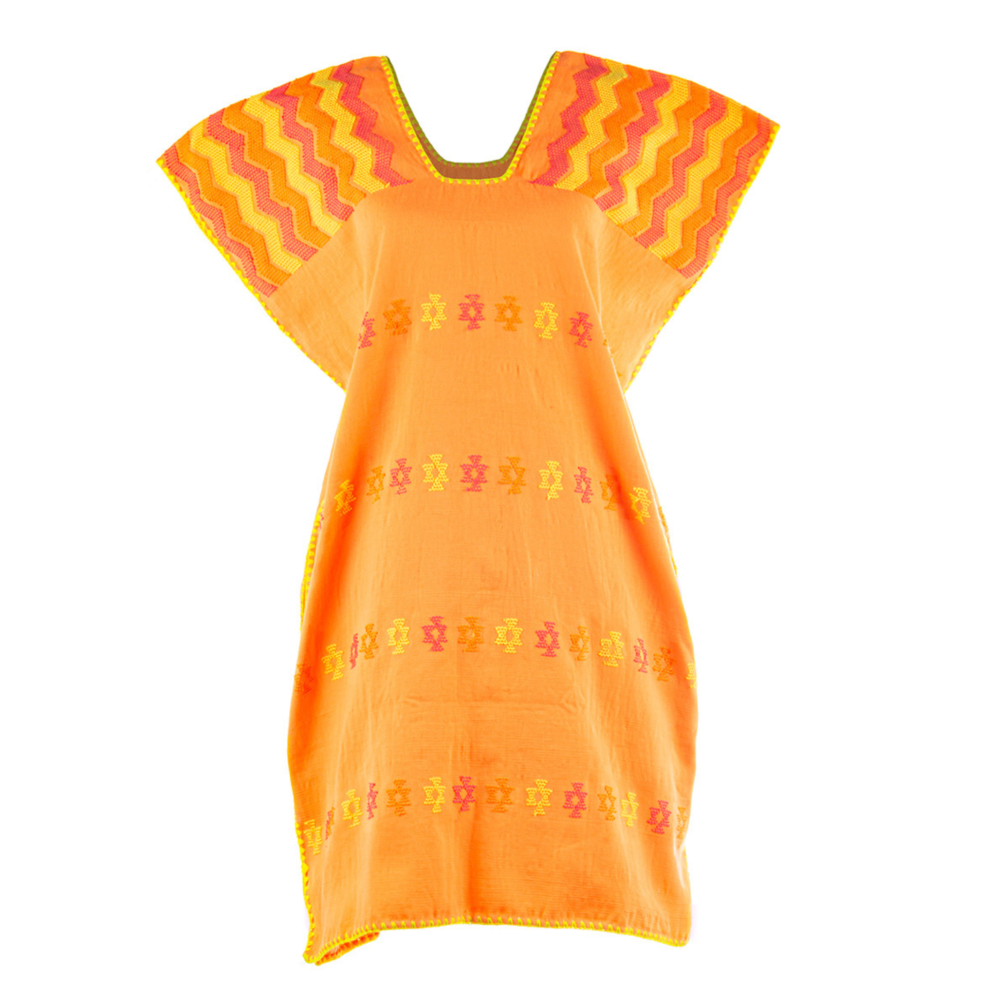 Huipil Naranja suave/melocotón con zigzag rosa en el hombro Corte Medio