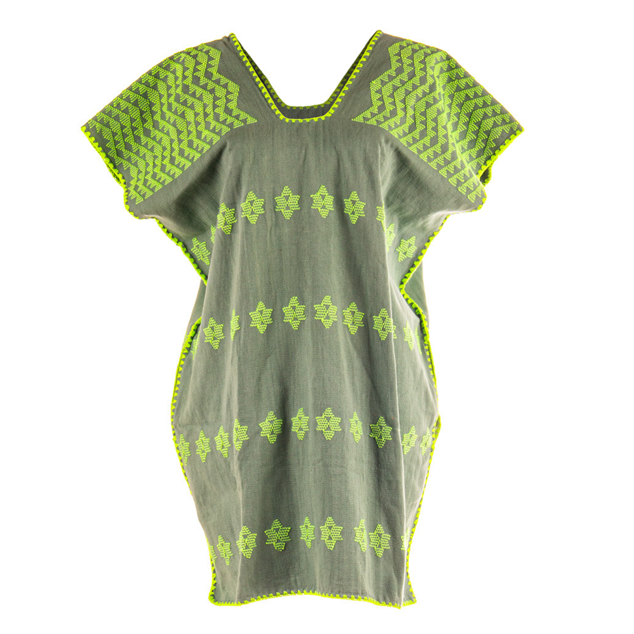 Huipil Gris oliva con motivos verde neón Corto